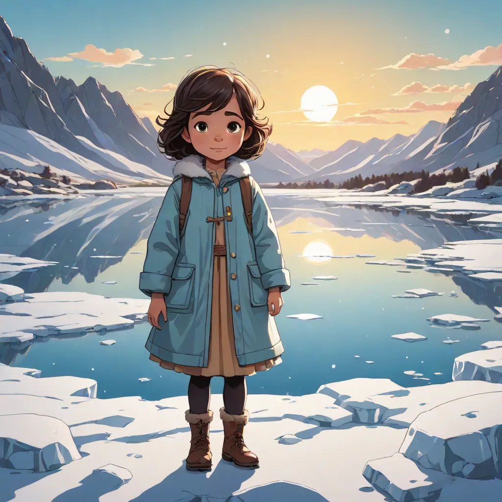 a girl standing in front of a lake with mountains in the background and a sun setting behind her,, a detailed matte painting, Cliff Childs, environmental art, promotional image