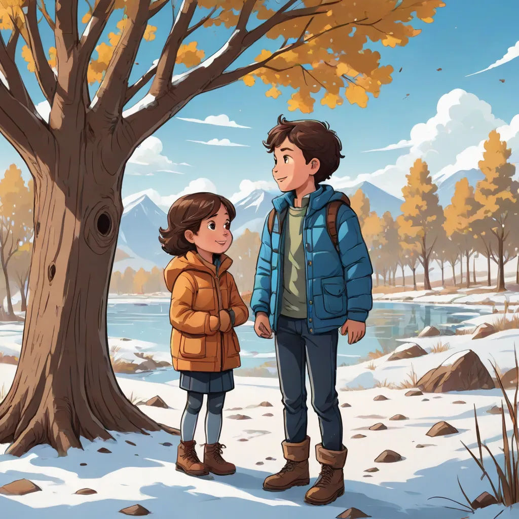 a boy and a girl standing in front of a tree in the snow with a birdhouse in the background, a storybook illustration, Diego Gisbert Llorens, serial art, official art