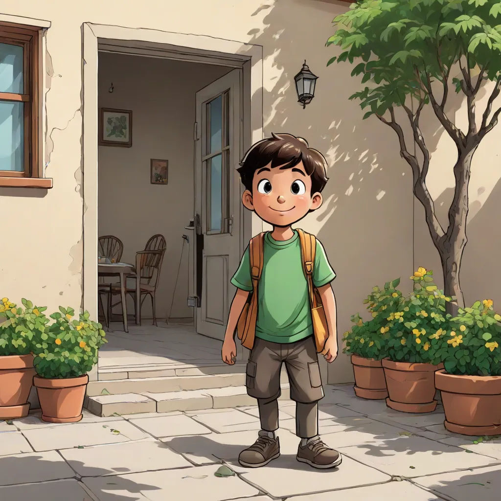 a boy standing in front of a house with a backpack on his back and a potted tree in the background, a storybook illustration, Diego Gisbert Llorens, danube school, official art