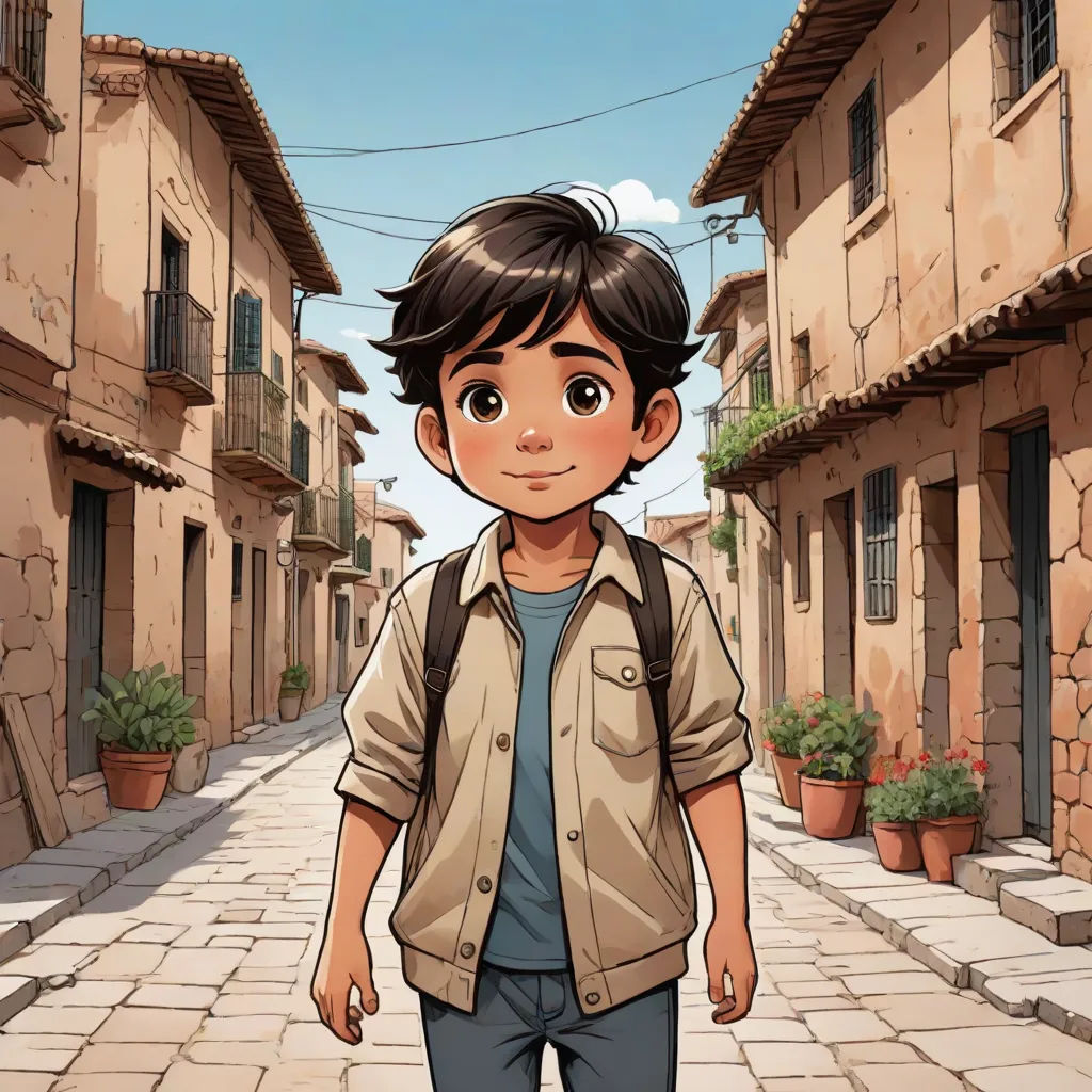 a boy in a brown shirt and jeans walking down a street with a backpack on his back and a potted plant in the background, a comic book panel, Diego Gisbert Llorens, photorealism, official art