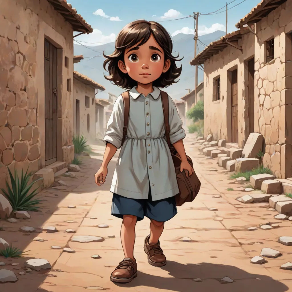 a young girl walking down a street next to a stone building with a brown bag on her shoulder and a brown purse on her shoulder, a storybook illustration, Diego Gisbert Llorens, magical realism, cushart krenz