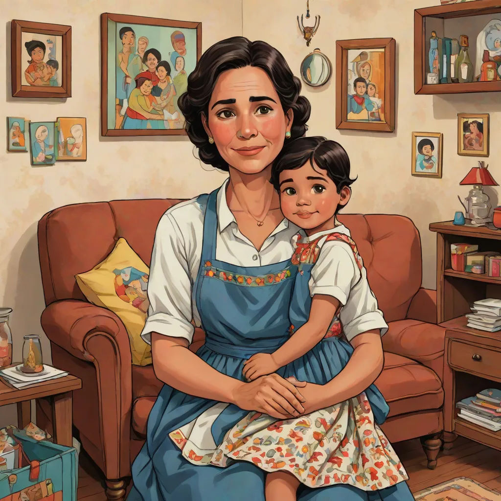 a woman holding a child in her arms in a living room with pictures on the wall and a couch, a storybook illustration, Ada Gladys Killins, magical realism, storybook illustration