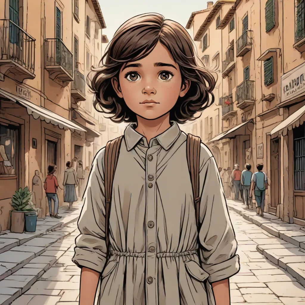 a young girl standing in a street with a backpack on her shoulder and a man walking behind her in a city, a comic book panel, Farel Dalrymple, photorealism, graphic novel