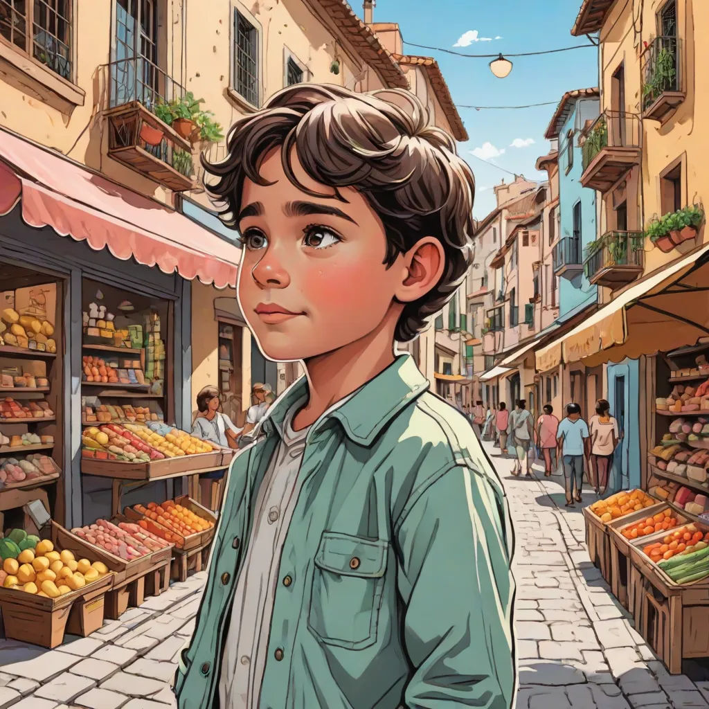 a boy standing in front of a market with a lot of fruit on display in the background and a building with a pink awning, a comic book panel, Diego Gisbert Llorens, photorealism, highly detailed digital painting