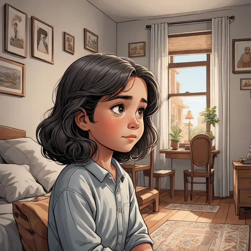 a girl sitting in a room with a desk and a chair in front of her and a window with a view of a city, a comic book panel, Diego Gisbert Llorens, photorealism, official art