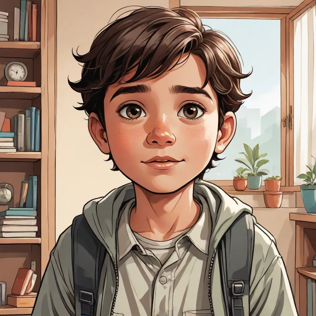 a boy with a backpack is looking at the camera and a window is in the background with bookshelves, a comic book panel, Aaron Jasinski, photorealism, comic book