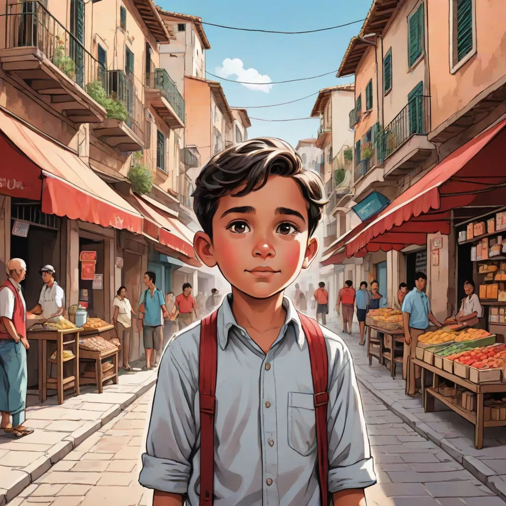a boy with a backpack standing in front of a market place with people walking around and a building with red awnings, a storybook illustration, Diego Gisbert Llorens, magic realism, official art