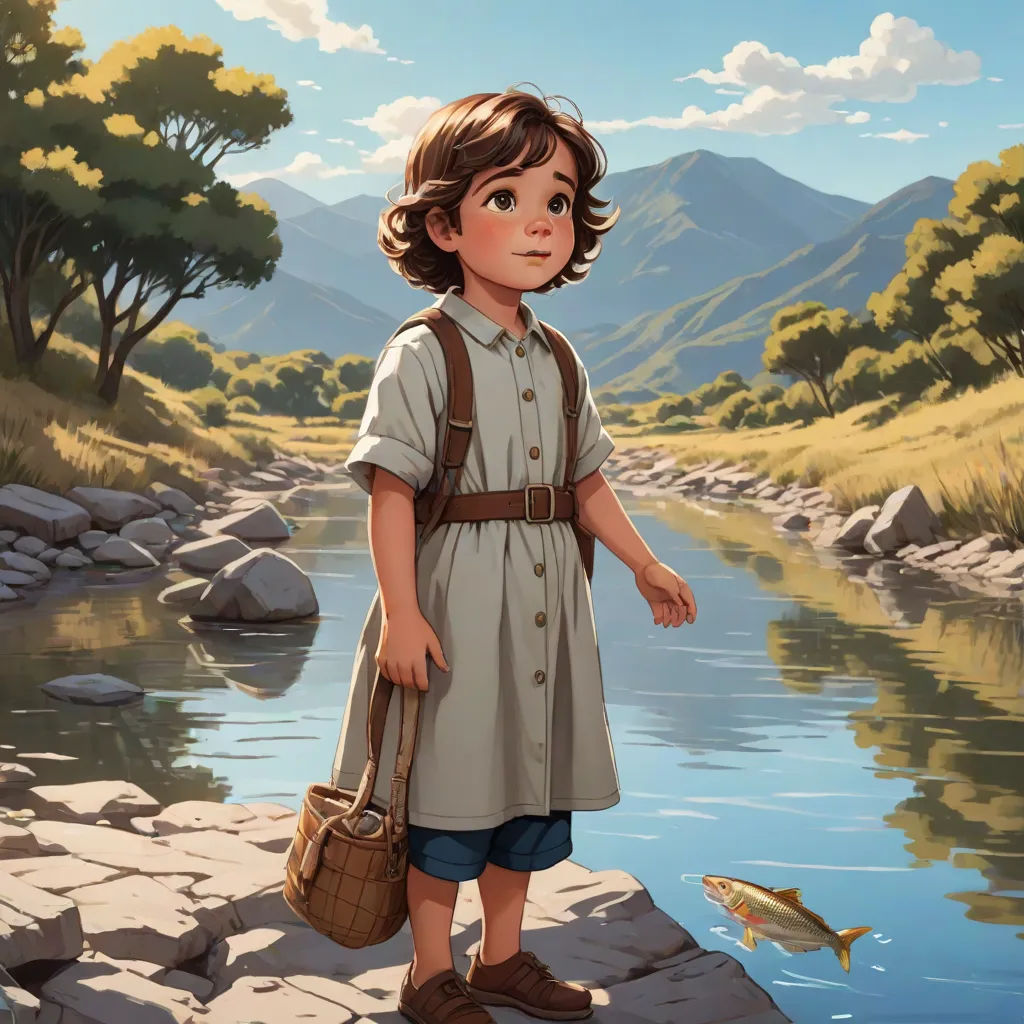 a painting of a little girl standing on a rock by a river with a fish in it's mouth, a storybook illustration, Alejandro Burdisio, american scene painting, official art