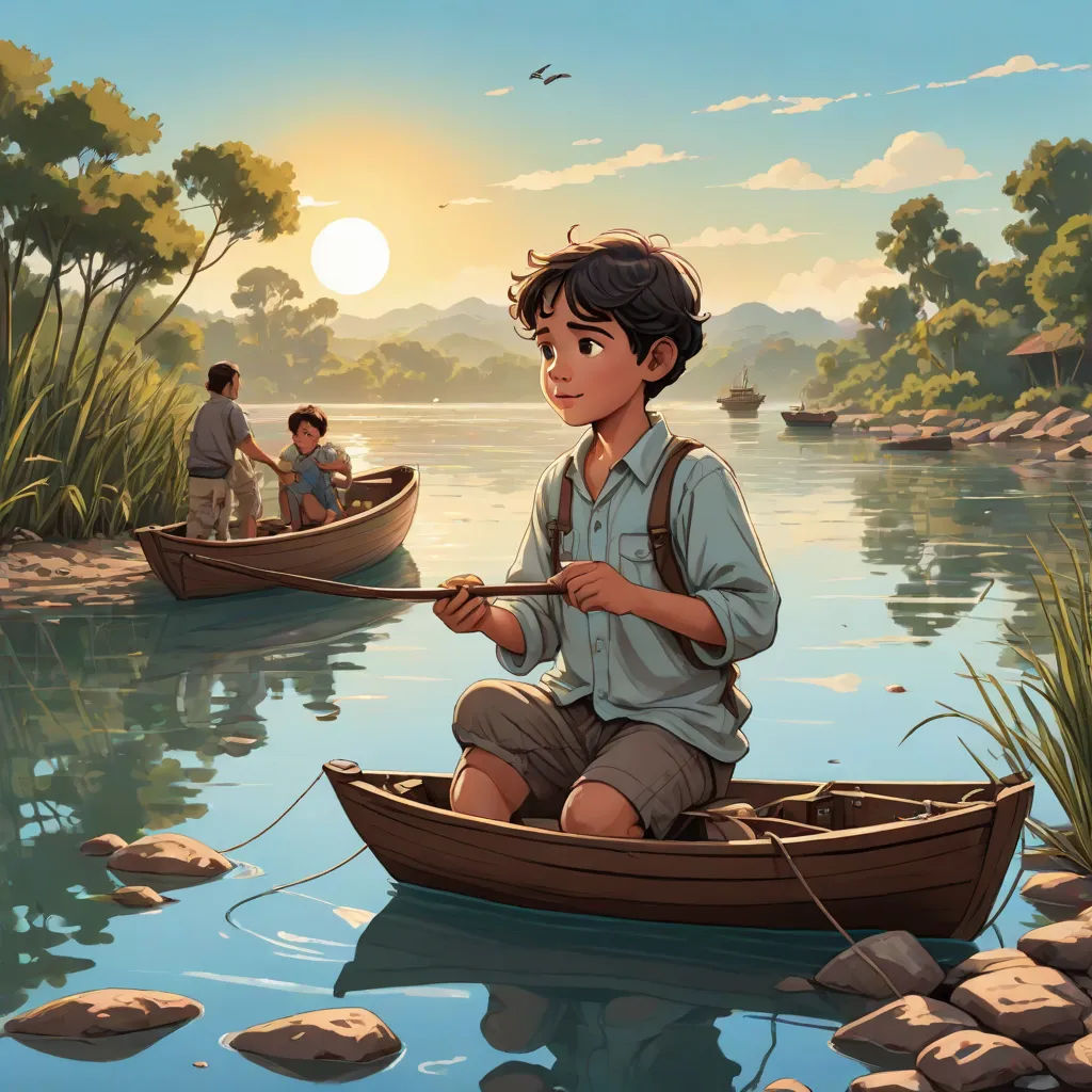 a boy sitting in a boat with two other boys in the background on a river with rocks and grass, a storybook illustration, Aaron Jasinski, american scene painting, official art
