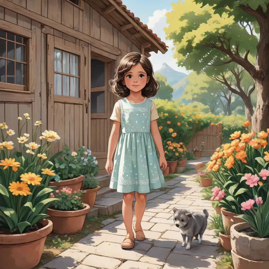 a painting of a girl and a dog in a garden with flowers and a house in the background with a dog looking at her, a storybook illustration, Alice Prin, american scene painting, kinkade
