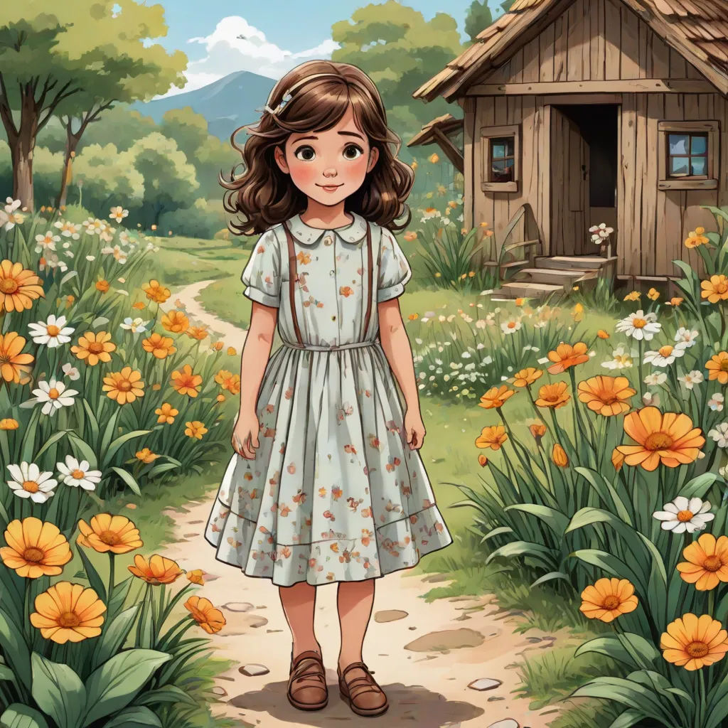 a girl in a dress standing in a field of flowers near a house with a wooden door and a small shed, a storybook illustration, Anne Said, magical realism, storybook illustration