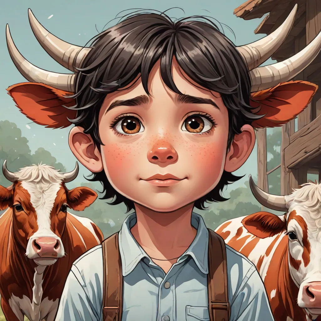 a boy with a bunch of cows behind him in a cartoon style, with a sky background and trees, a storybook illustration, Diego Gisbert Llorens, lyco art, trending on art station