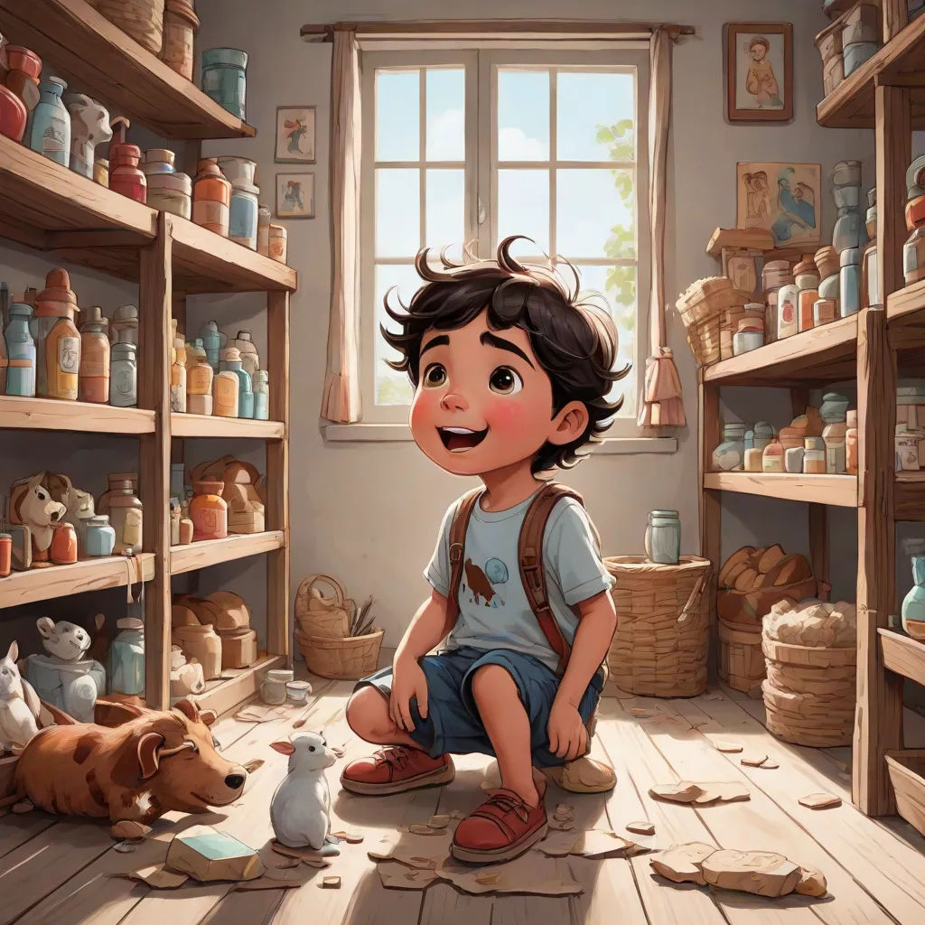 a boy sitting on the floor in a room with many shelves of pottery and a cat nearby and a dog laying on the floor, a storybook illustration, Alejandro Burdisio, photorealism, rossdraws global illumination