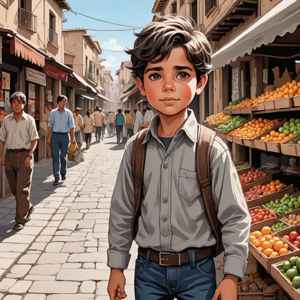 a painting of a boy in a street market with a backpack on his back and a man walking by, a storybook illustration, Aaron Jasinski, hyperrealism, highly detailed digital painting