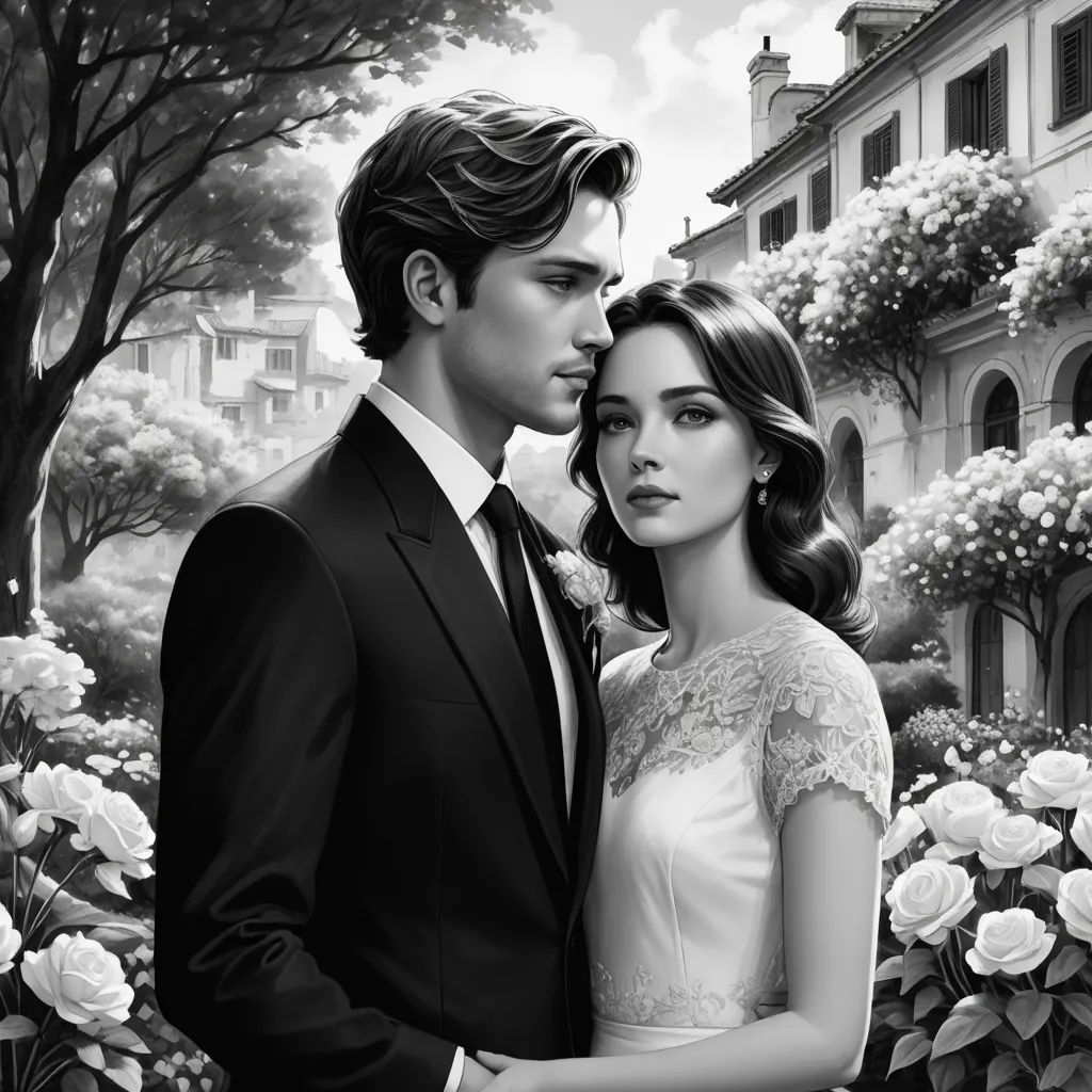 a man and woman are standing in front of a garden of flowers and trees, one of the woman is wearing a white dress, figurative art, an ultrafine detailed painting, Charlie Bowater, detailed painting