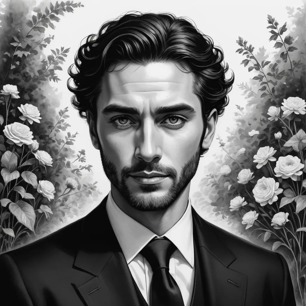 a man in a suit and tie in front of flowers and trees with roses in the background and a black and white portrait, gothic art, an ultrafine detailed painting, Charlie Bowater, highly detailed digital painting