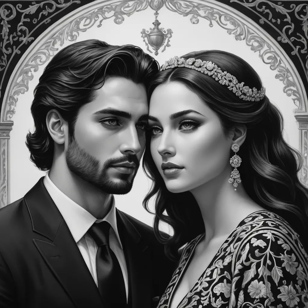 a man and a woman are dressed in black and white, with a portrait of them in the background, gothic art, an ultrafine detailed painting, Altoon Sultan, highly detailed digital painting