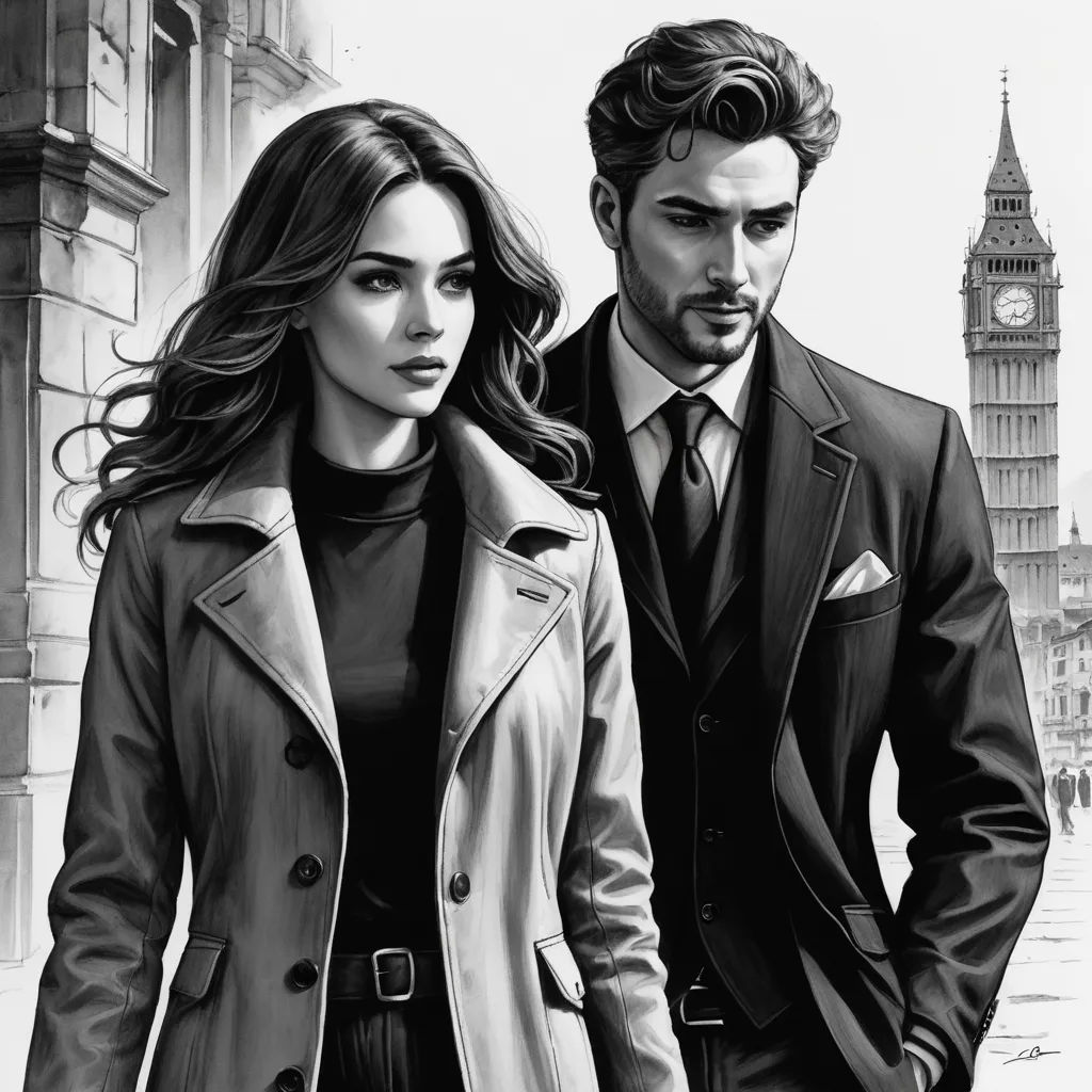 a man and a woman are standing in front of a clock tower in a black and white drawing by a pencil, modern european ink painting, an ultrafine detailed painting, Charlie Bowater, professional digital painting