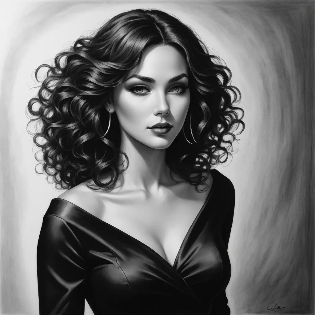 a drawing of a woman with curly hair and a black dress on a white background with a black background, gothic art, an ultrafine detailed painting, Charlie Bowater, highly detailed digital painting
