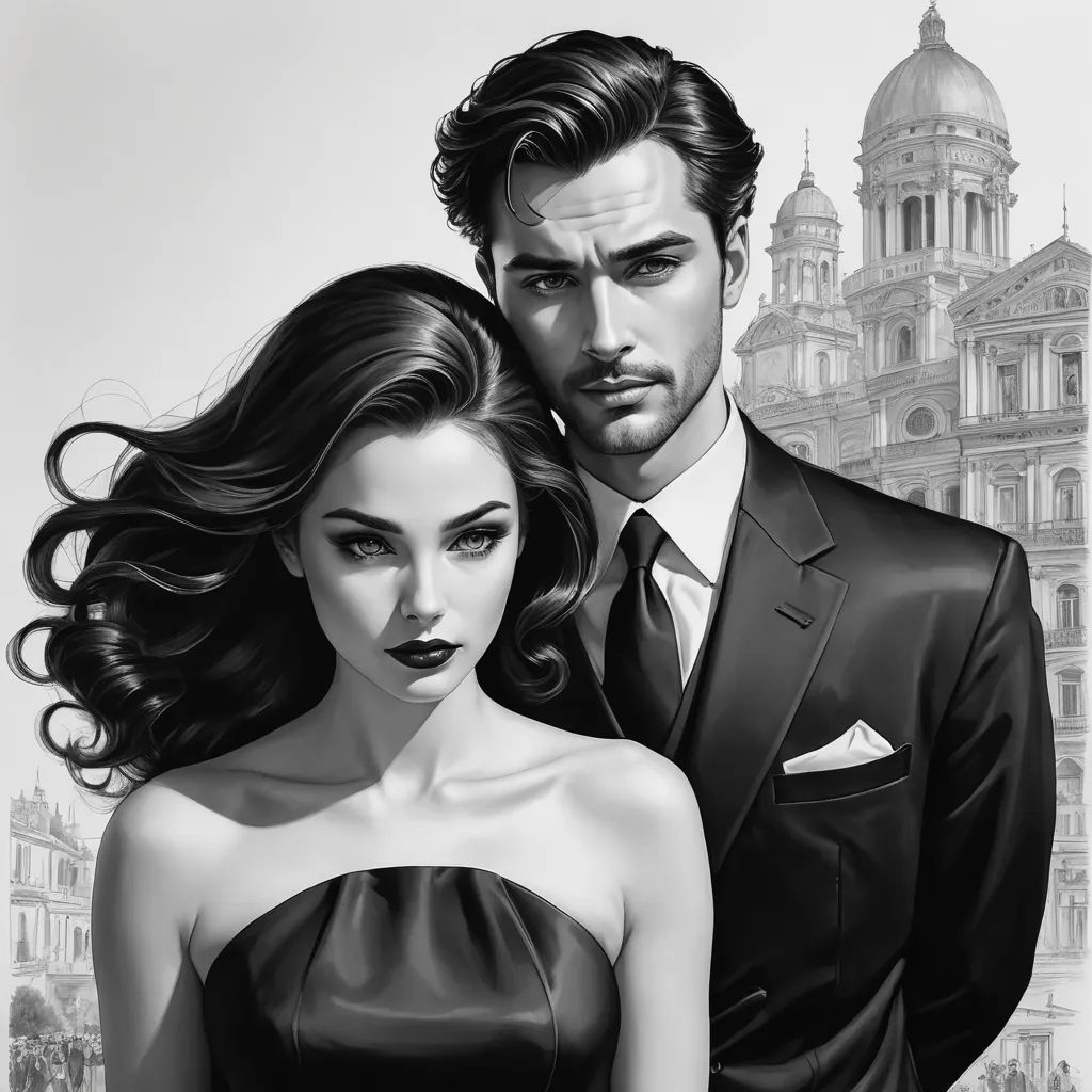 a man and woman are standing in front of a building with a building in the background and a black and white drawing of them, figurative art, an ultrafine detailed painting, Charlie Bowater, stanley artgerm lau