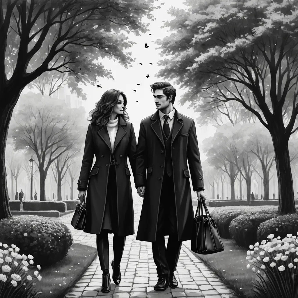 a man and woman walking down a sidewalk holding hands and bags of luggage in front of a park with trees, modern european ink painting, an ultrafine detailed painting, Colin Middleton, storybook illustration