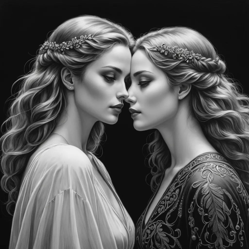 two women with long hair and braids are facing each other with their faces close together, one of them is touching the other's nose, gothic art, an ultrafine detailed painting, Charlie Bowater, highly detailed digital painting