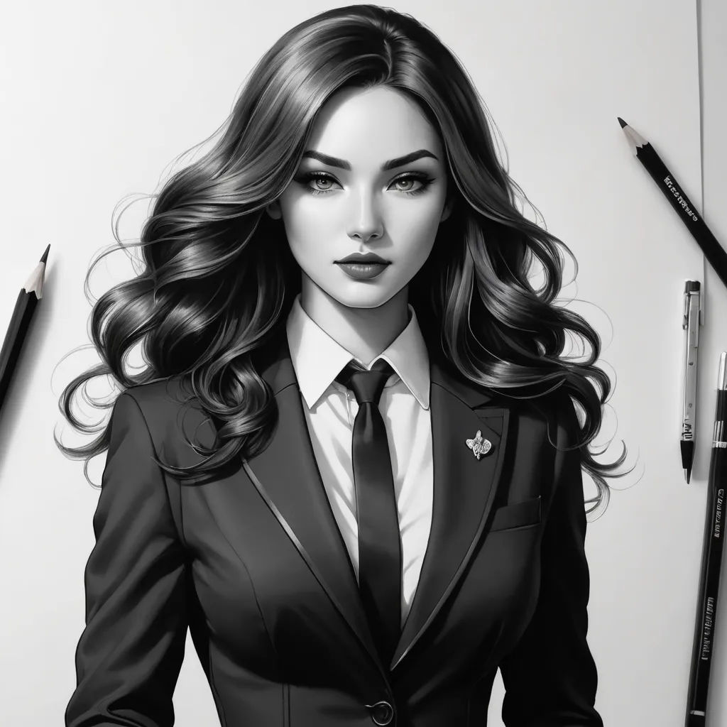 a drawing of a woman in a suit and tie with a pen and pencils nearby on a white background, figurative art, a detailed drawing, Artgerm, stanley artgerm lau