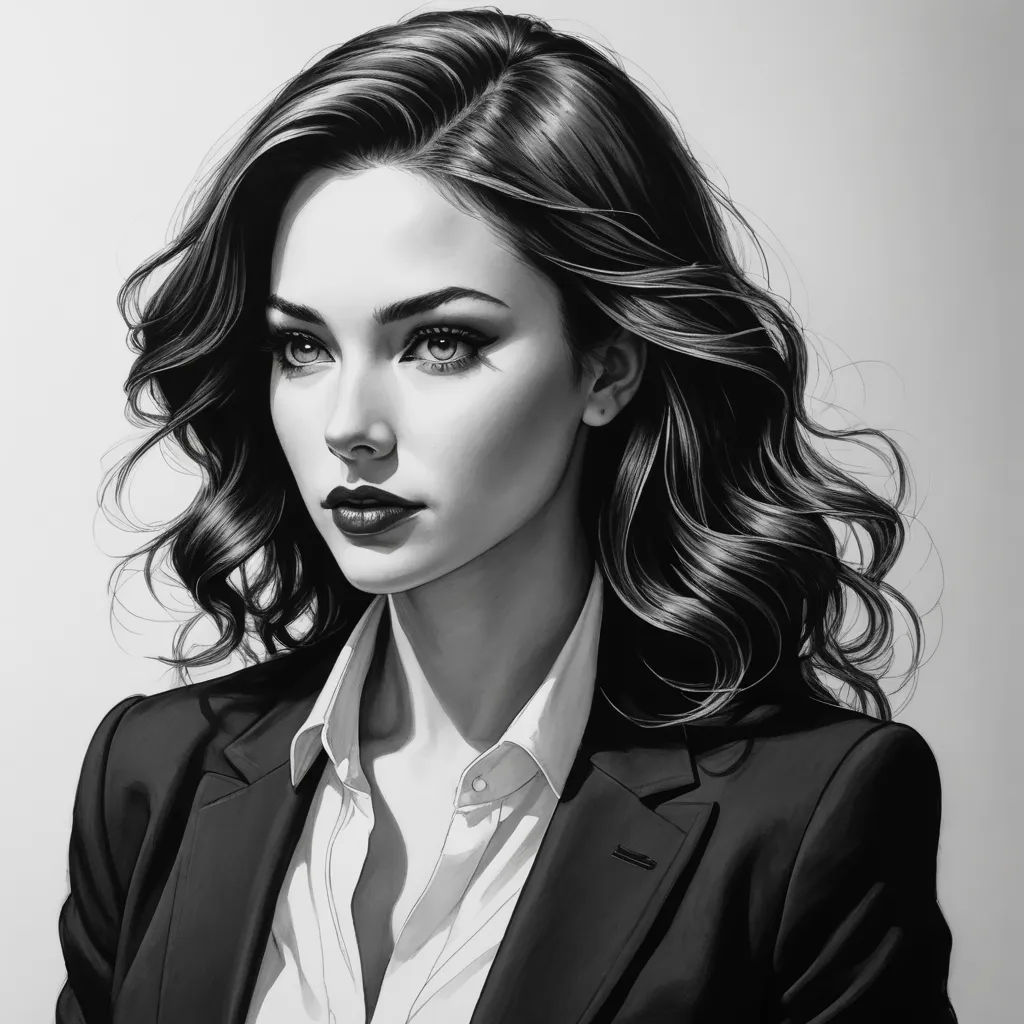 a drawing of a woman in a suit and tie with long hair and a black lip and a white shirt, figurative art, a photorealistic painting, Artgerm, highly detailed digital painting