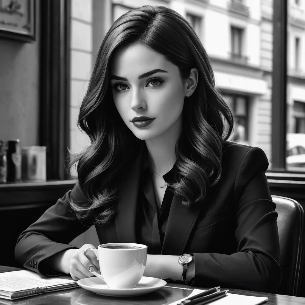 a woman sitting at a table with a cup of coffee in front of her and a book on the table, hyperrealism, a black and white photo, Elina Karimova, photorealistic portrait