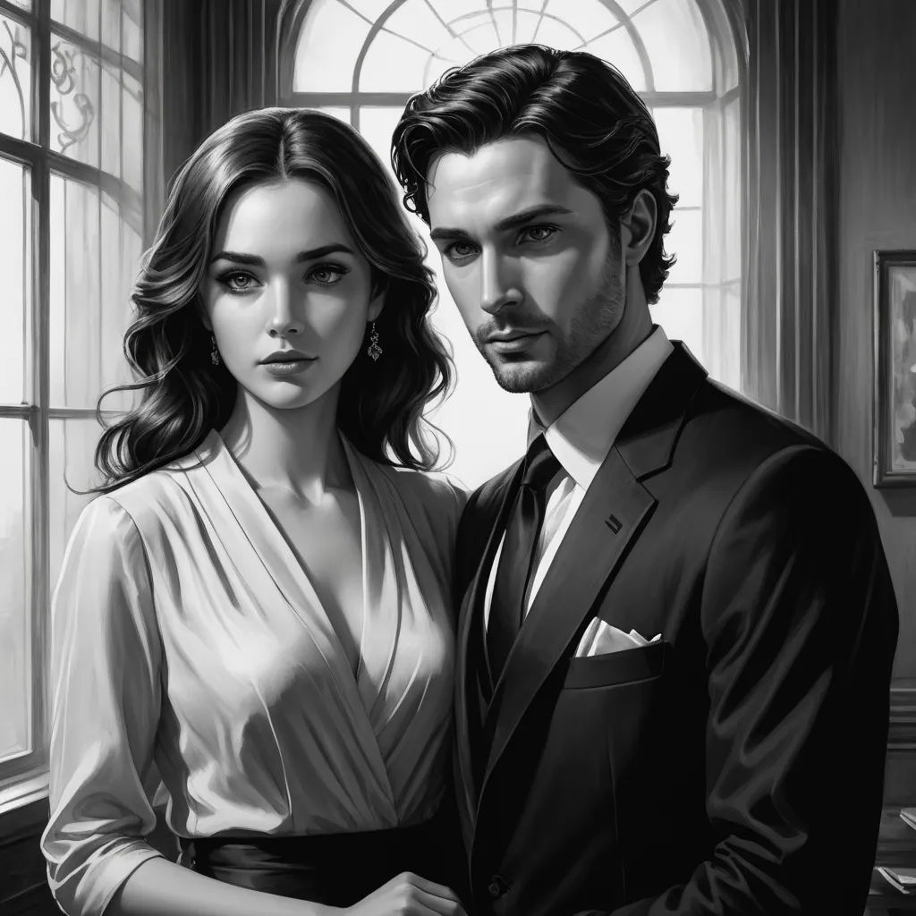 a man and a woman are standing in front of a window in a black and white photo, one of them is wearing a suit, international gothic, an ultrafine detailed painting, Charlie Bowater, detailed painting