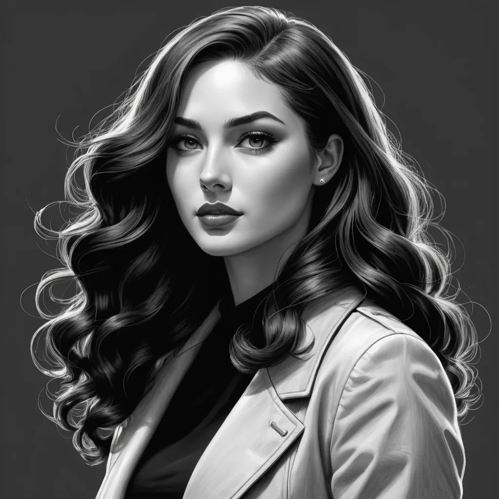 a woman with long hair and a black shirt is shown in a black and white photo with a black background, figurative art, a digital painting, Charlie Bowater, professional digital painting