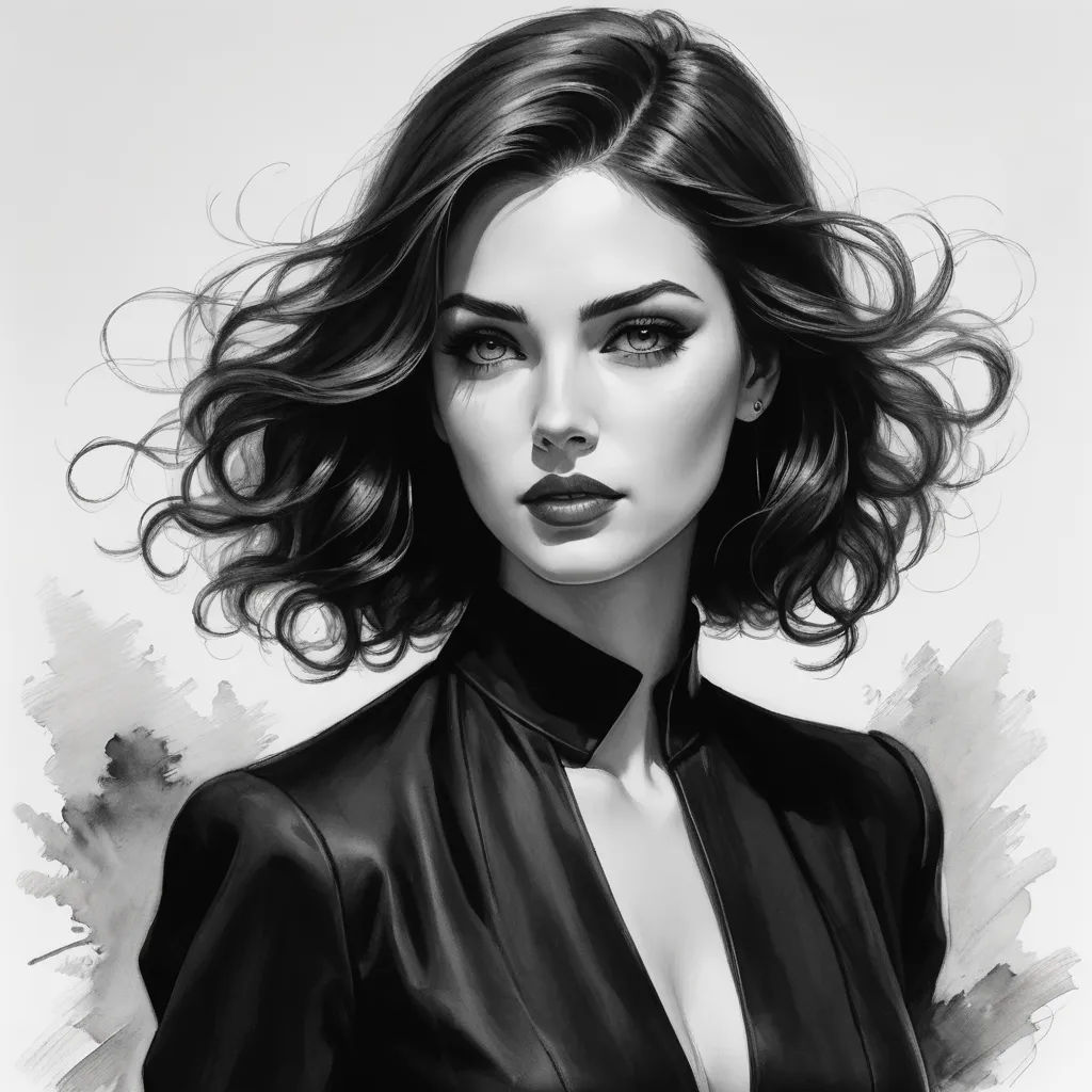 a drawing of a woman with long hair and a black shirt on her shoulders, with a black collared shirt on, figurative art, an ultrafine detailed painting, Charlie Bowater, stanley artgerm lau
