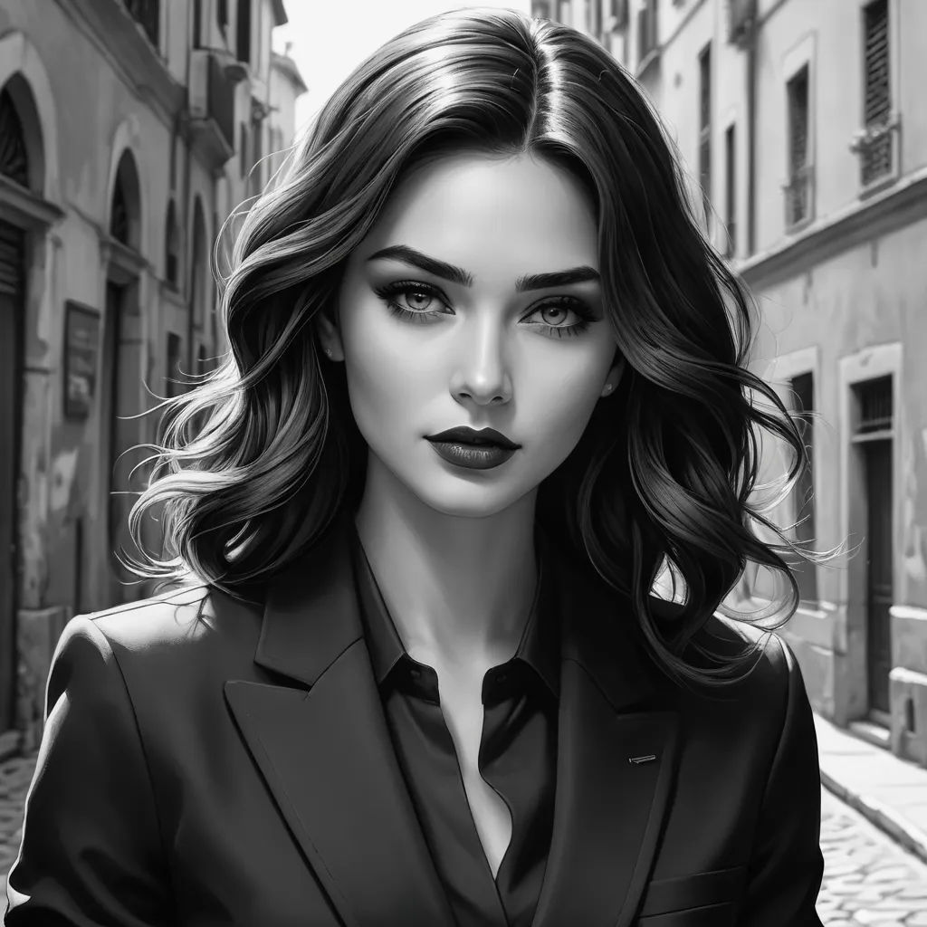 a woman in a suit and tie standing on a street corner with buildings in the background and a cobblestone street, gothic art, an ultrafine detailed painting, Charlie Bowater, highly detailed digital painting