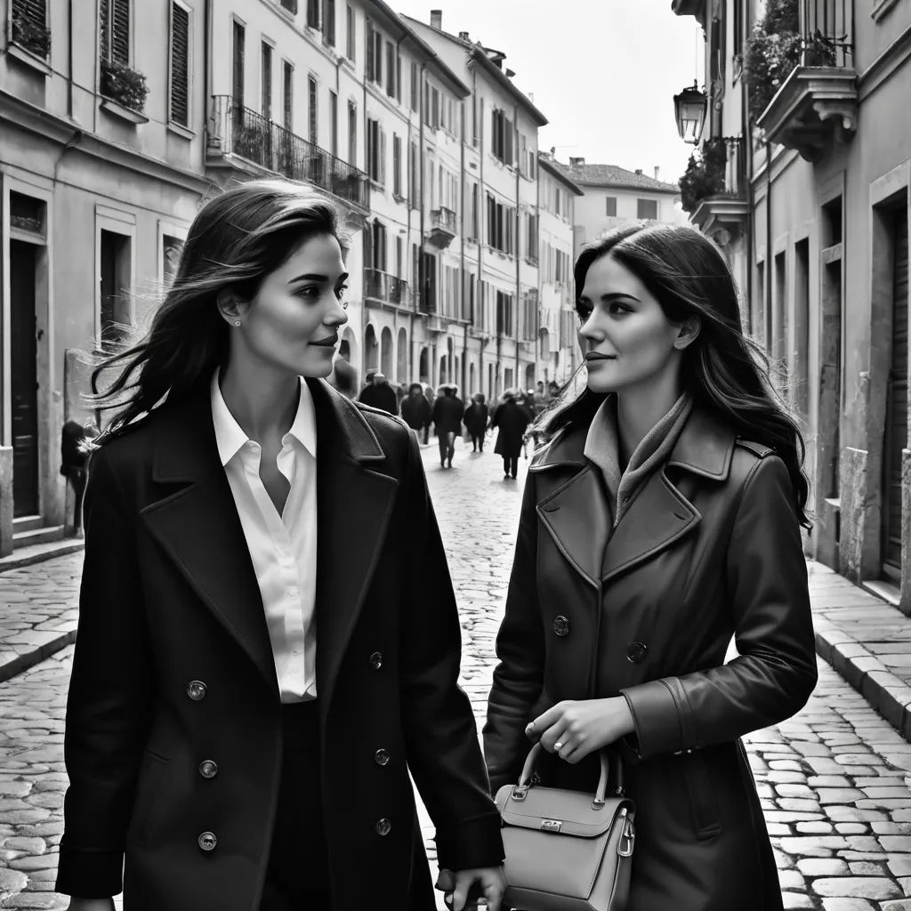 two women walking down a street holding hands and looking at each other's eyes, in black and white, modern european ink painting, a black and white photo, Christian Hilfgott Brand, promotional image