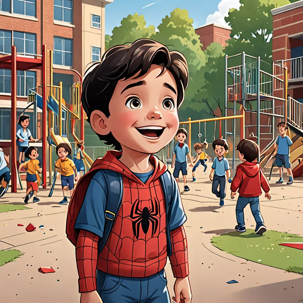 a cartoon of a boy in a spider suit in a playground with other children in the background and a playground with a slide, paris school, a storybook illustration, Alton Tobey, comic cover art
