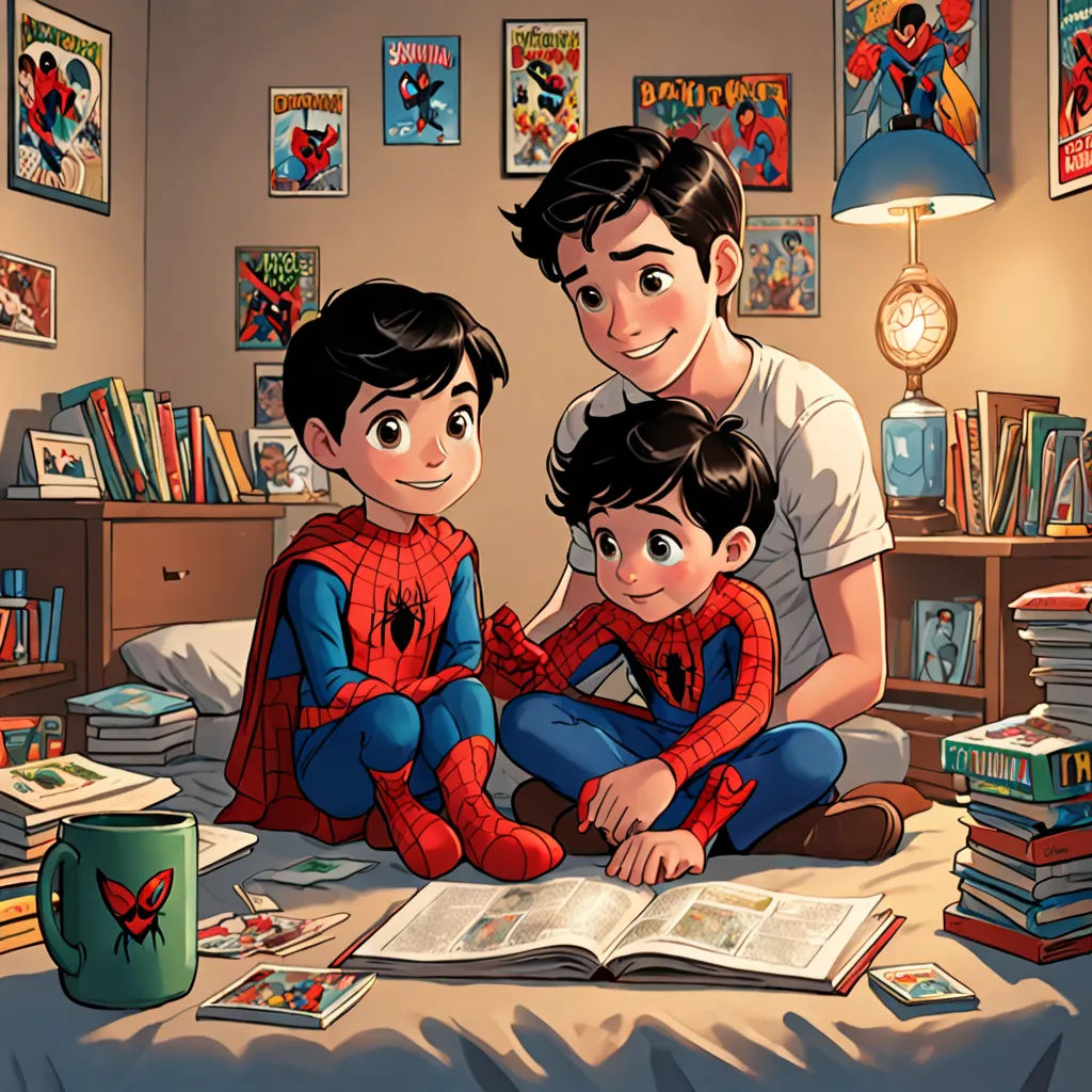 a man and two children sitting on a bed with a spider man book in front of them and a lamp, lyco art, a comic book panel, Alton Tobey, comic book