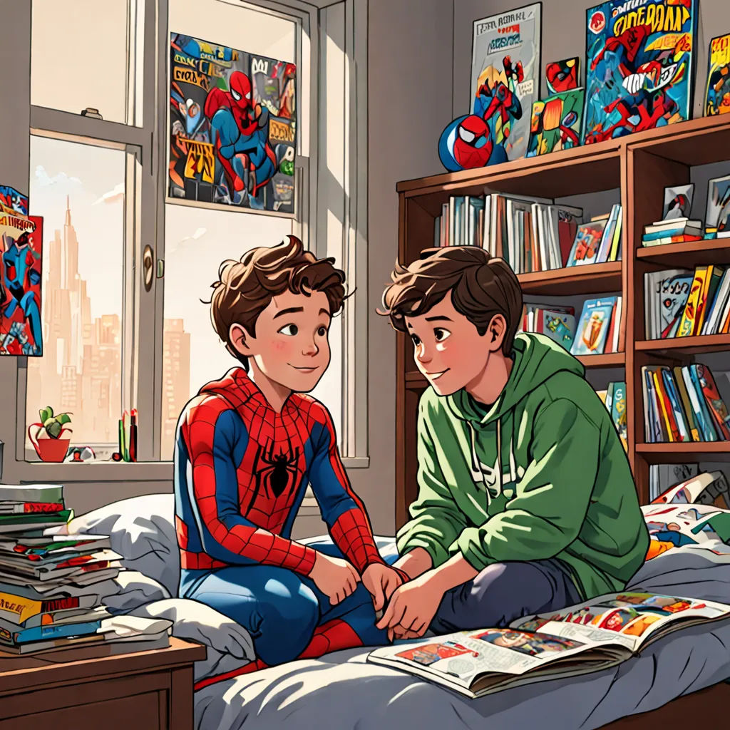 a boy and a boy sit on a bed in a room with comic books on the shelves and a bookcase, romanticism, a comic book panel, Diego Gisbert Llorens, comic book