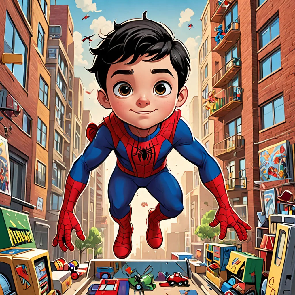 a cartoon of a boy in a spider suit jumping over a table with toys on it and a city background, sots art, a comic book panel, Eddie Mendoza, official art