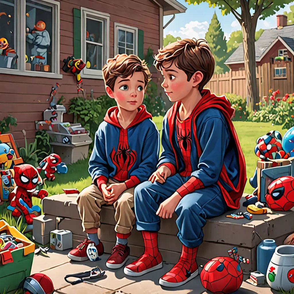 a painting of two boys sitting on a bench in front of a house with toys all around them and a spiderman on the bench, sots art, a detailed painting, Aaron Jasinski, official art