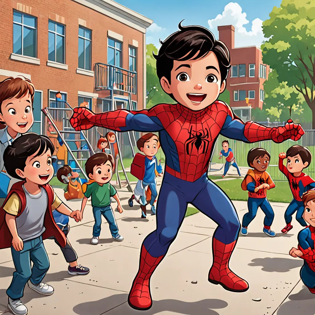 a group of children playing in a park with a spider man in the middle of the picture and a man in the middle of the picture, paris school, a comic book panel, Alton Tobey, official art