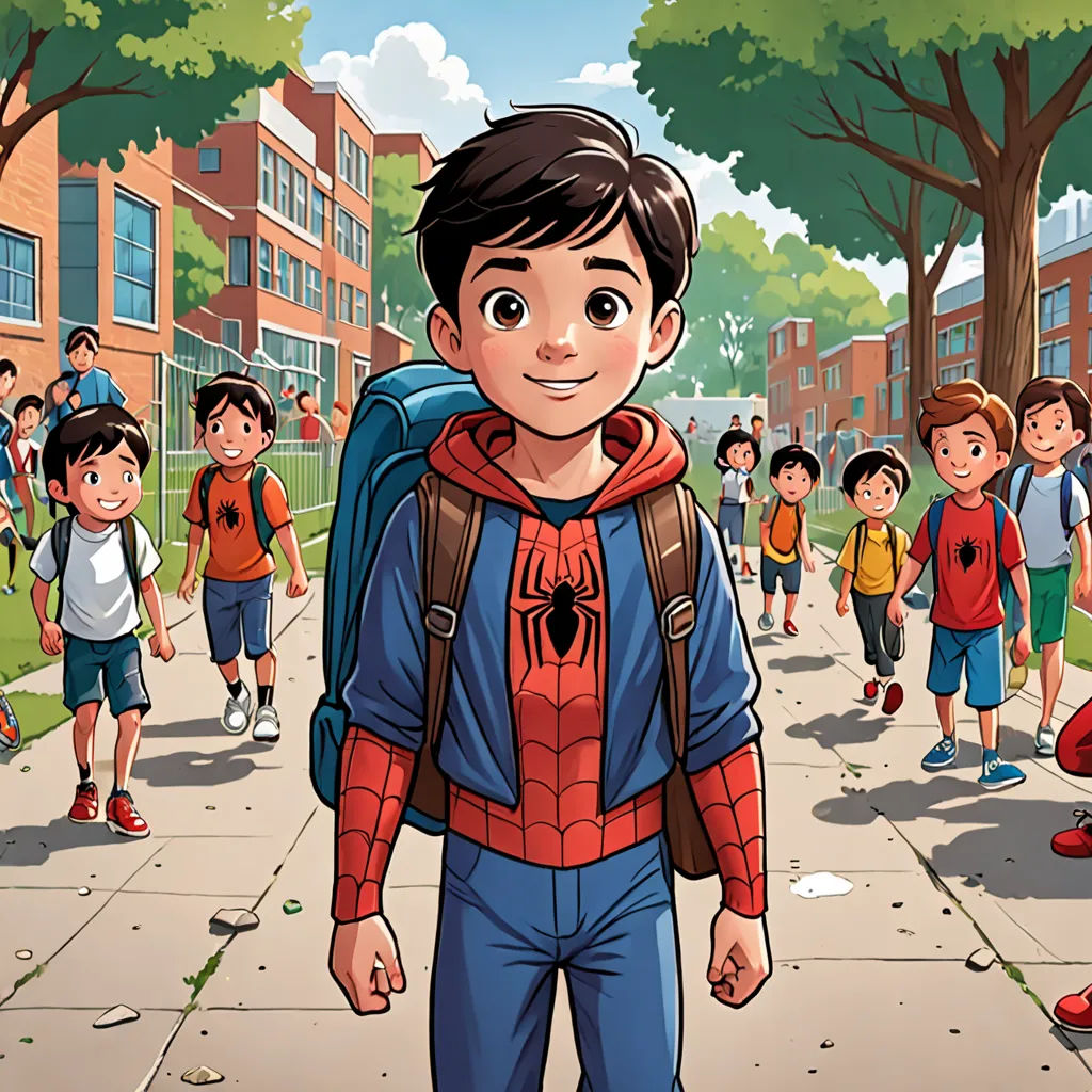 a cartoon of a boy with a backpack and a spider man on his back walking down a sidewalk with other children, paris school, a comic book panel, Eddie Mendoza, comic cover art