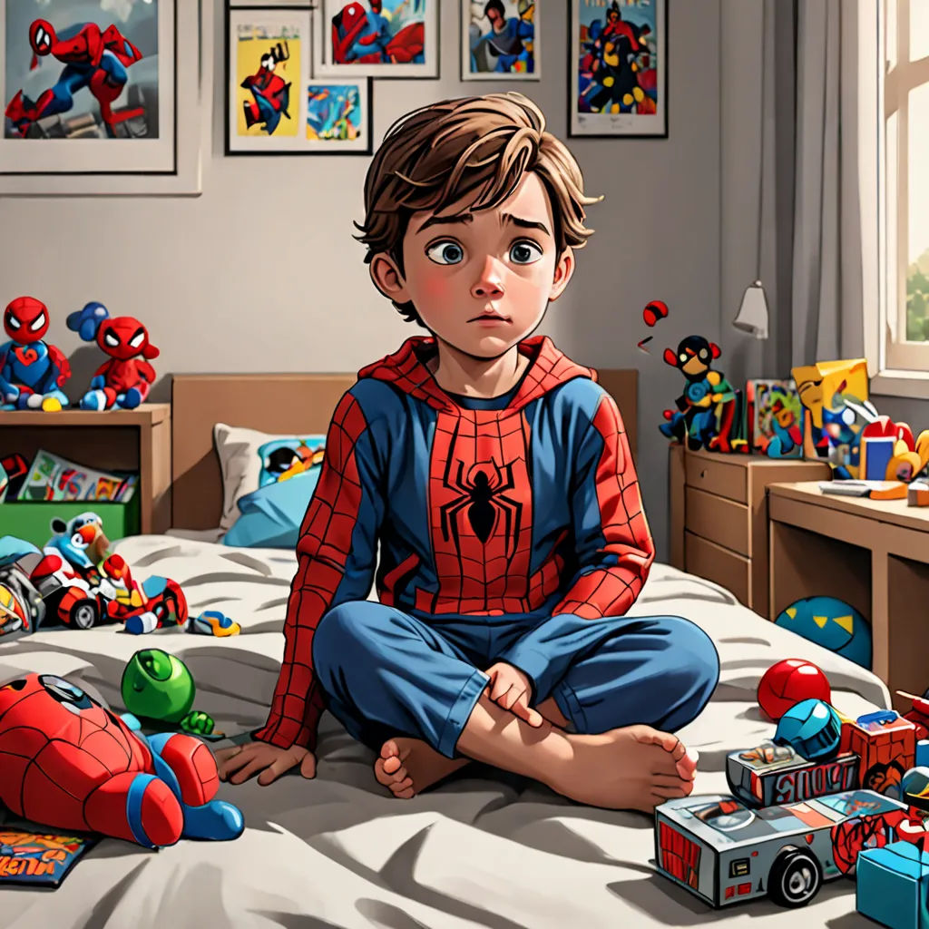 a boy sitting on a bed with toys in front of him and a spiderman picture on the wall, photorealism, a comic book panel, Alton Tobey, stanley artgerm lau