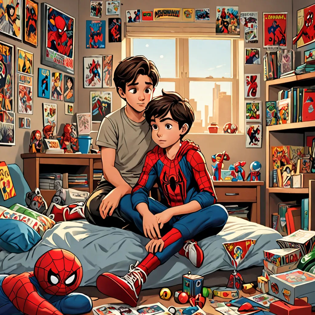 a man and a boy sitting on a bed in a room with comic books on the walls and a window, sots art, a comic book panel, Artgerm, comic book