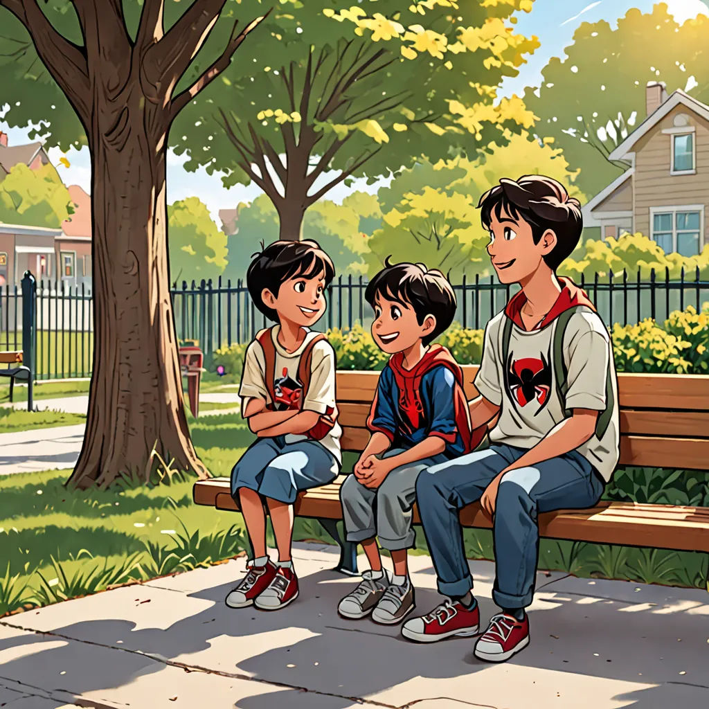 a family sitting on a bench in a park together, looking at each other and smiling at the camera, american scene painting, a storybook illustration, Brothers Hildebrandt, official art