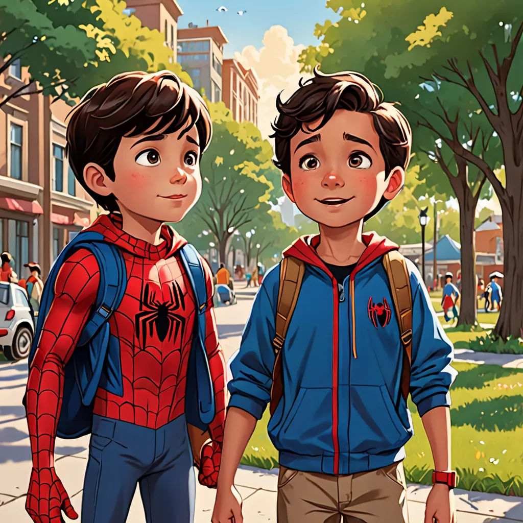 two young boys are standing on a sidewalk in front of a tree lined street with cars and buildings in the background, paris school, a comic book panel, Eddie Mendoza, official art