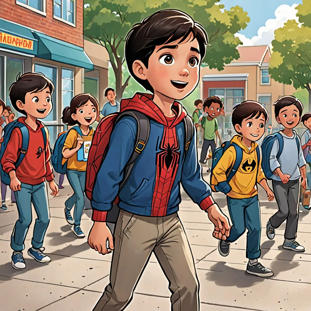 a cartoon of a boy walking down a street with a group of children behind him and a building in the background, paris school, a comic book panel, Eddie Mendoza, comic cover art