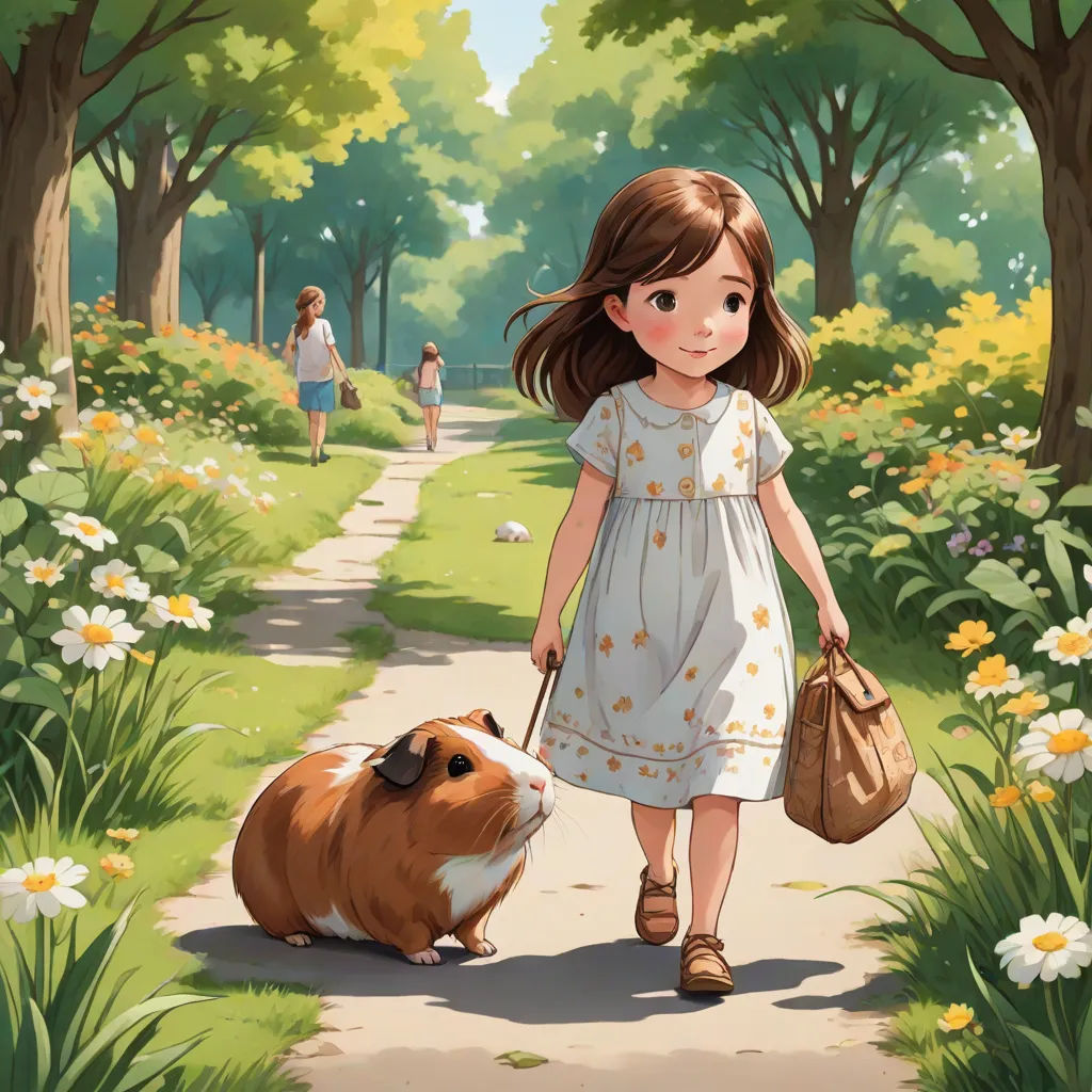 a little girl walking a dog down a path in a park with flowers and trees on both sides of the path, a storybook illustration, Chen Hong, fantasy art, cushart krenz