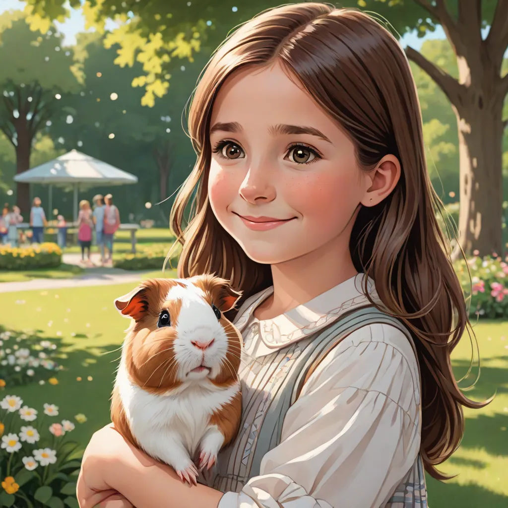 a girl holding a guinea pig in a park with people in the background and flowers in the foreground, a storybook illustration, Bob Byerley, photorealism, official art