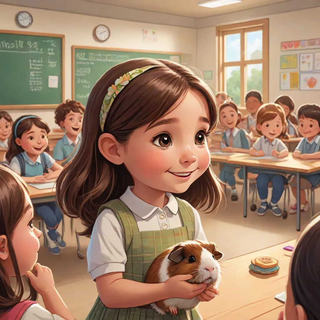 a girl holding a guinea pig in a classroom with other children in the background and a chalkboard with a chalkboard on it, a storybook illustration, Bob Byerley, institutional critique, official art