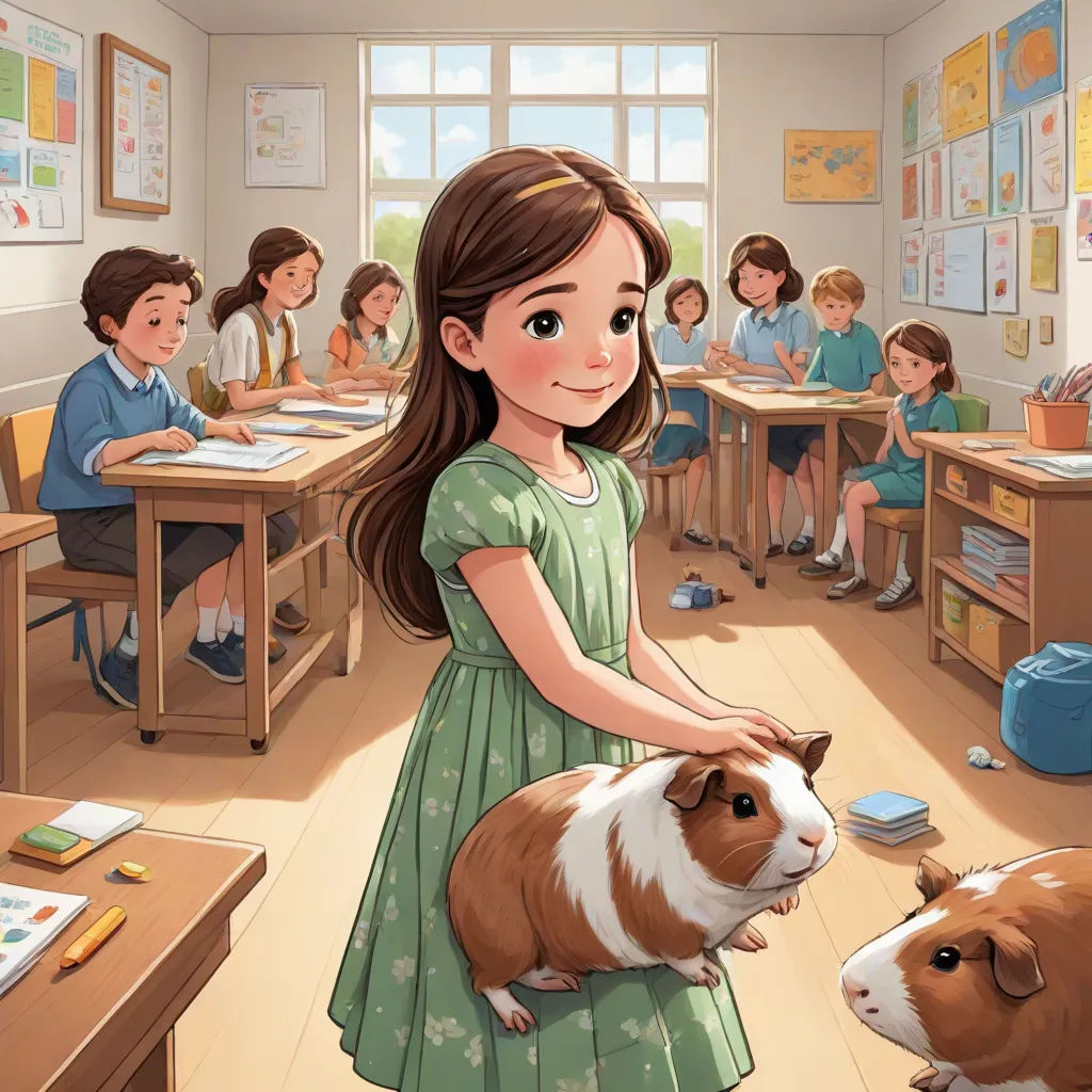 a girl in a classroom with a guinea pig and other children in the background, and a dog in the foreground, a storybook illustration, Bob Byerley, american scene painting, official art
